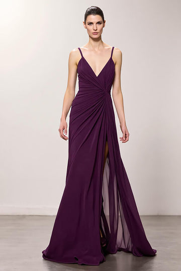 Purple Spaghetti Straps Ruched Evening Dress with Slit